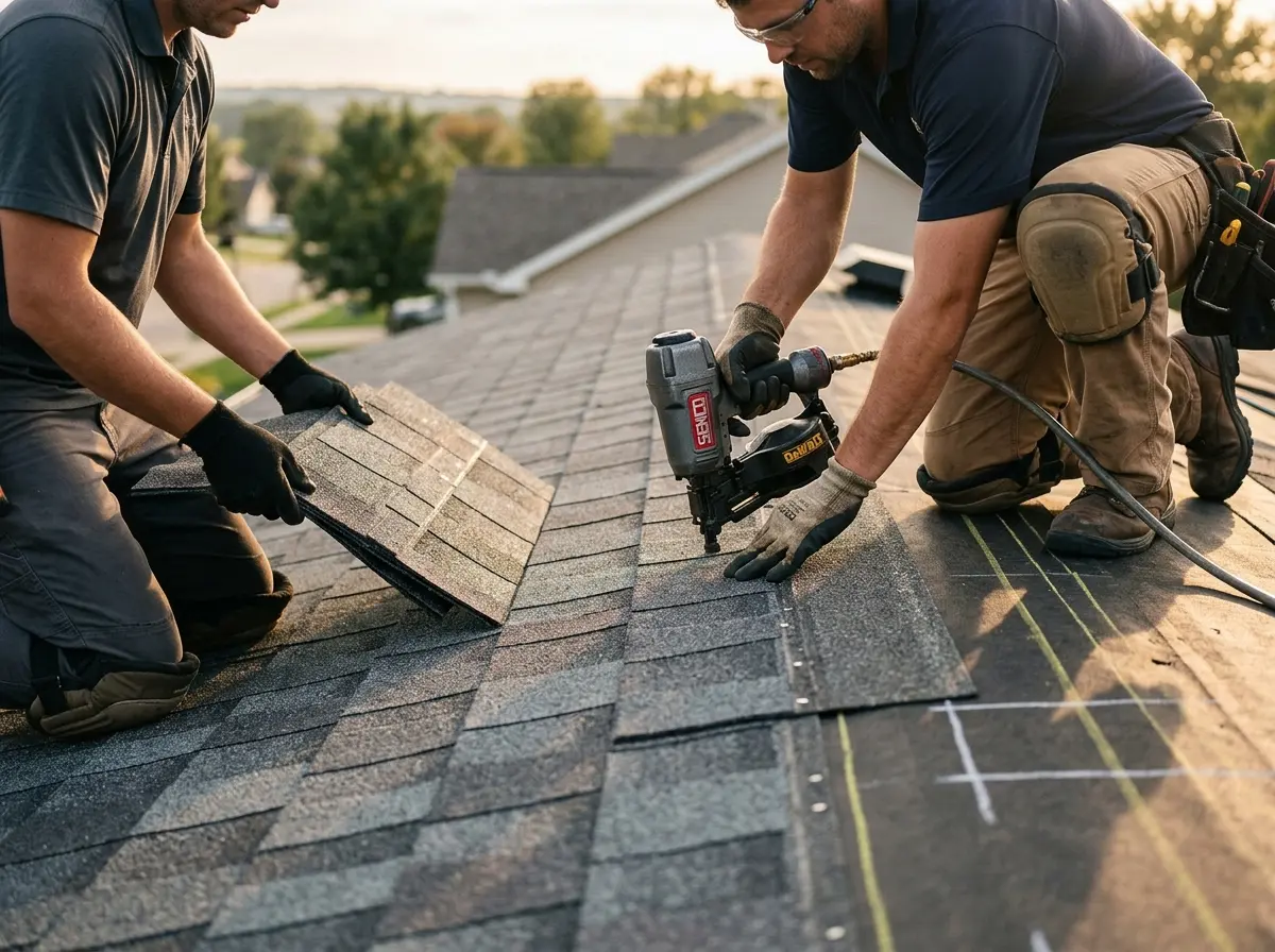 Professional roofer working on a residential roof in Indianola